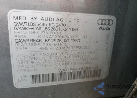 2011 Audi Q5 Premium Plus из США, поврежденный, VIN WA1LFAFPXBA045945